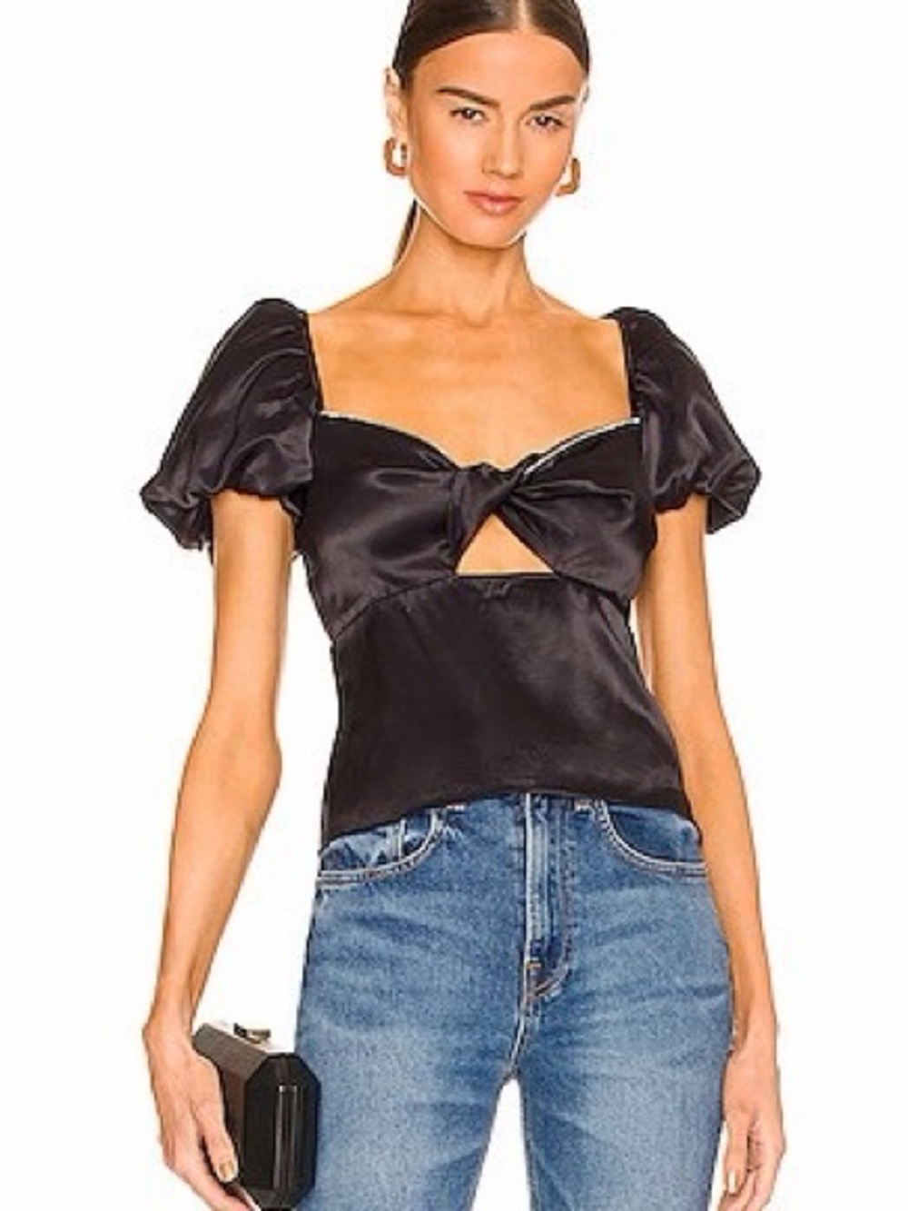 [LPA] Black Satin Puff-Sleeve Top